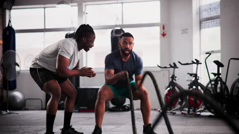 man en vrouw werken met een touw in de sportschool.