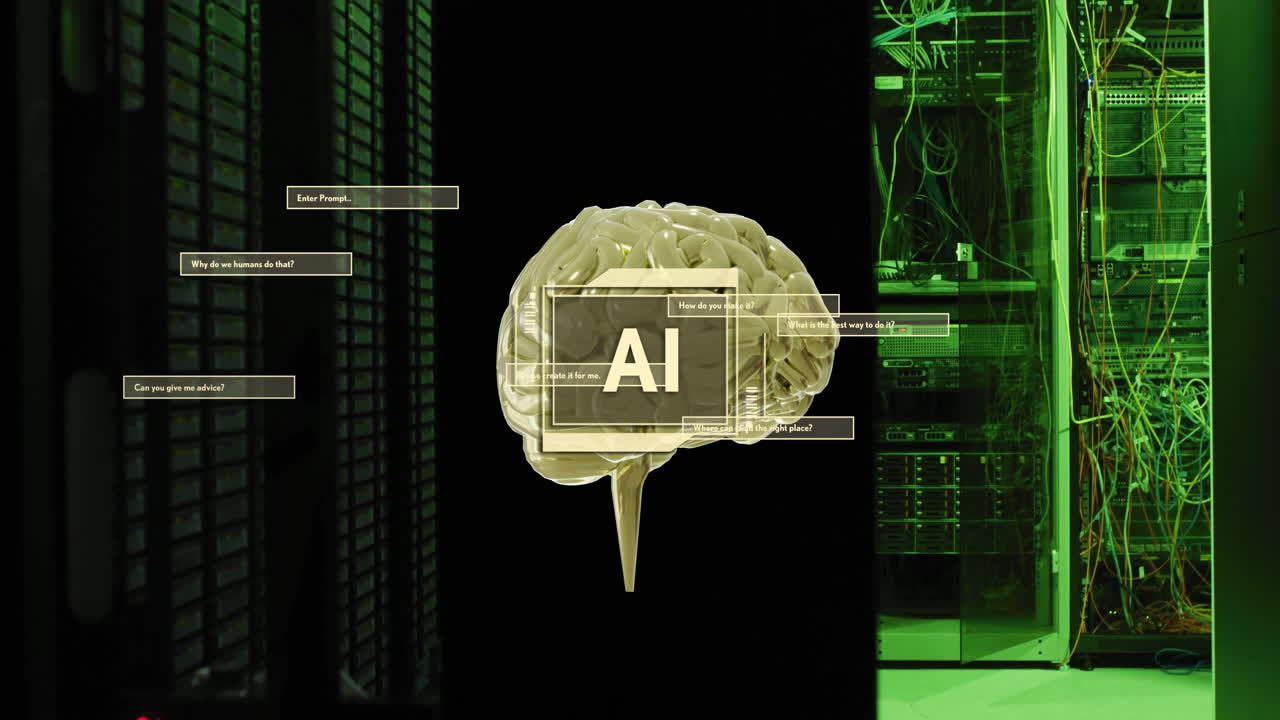 animación de texto ai con cerebro y procesamiento de datos a través de servidores informáticos