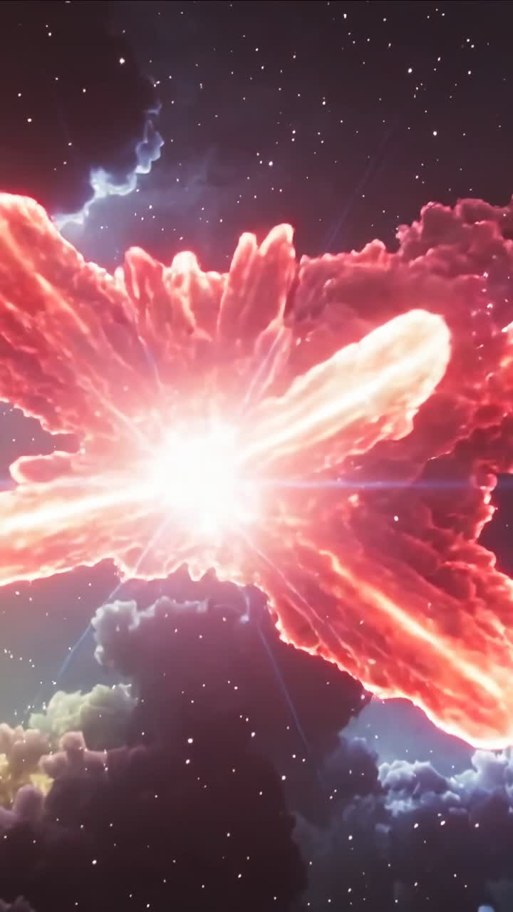 Video vertical: Estrella central brillante parpadeando provocando el crecimiento de una nebulosa roja en el espacio profundo, con destellos de lente.