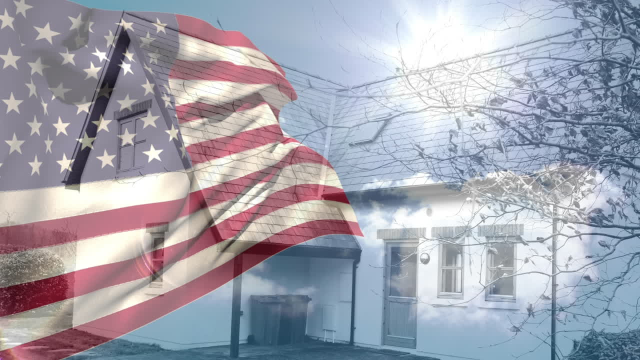 밝은  ⁇ 빛에 대항하여 바람에 흔들리는 미국 국기의 디지털 애니메이션 4k