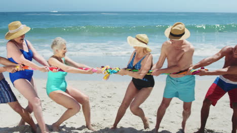 senior friends playing tug of war