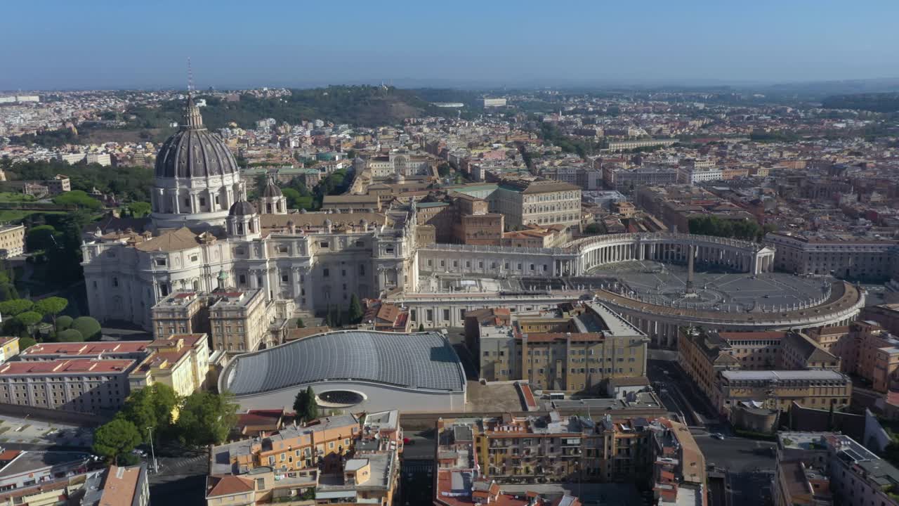Amazing aerial drone shot soars above Vatican City, revealing St. Peter’s Basilica, its dome and the vast Piazza San Pietro square from above
