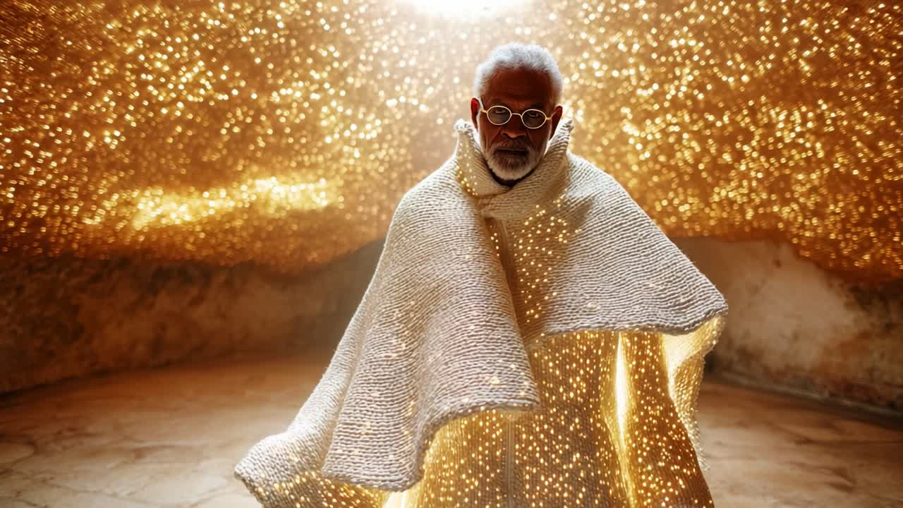 Una figura affascinante si erge elegante, avvolta in un indumento scintillante illuminato da innumerevoli luci dorate, creando un'atmosfera incantevole e una presenza accattivante in un ambiente splendidamente strutturato.