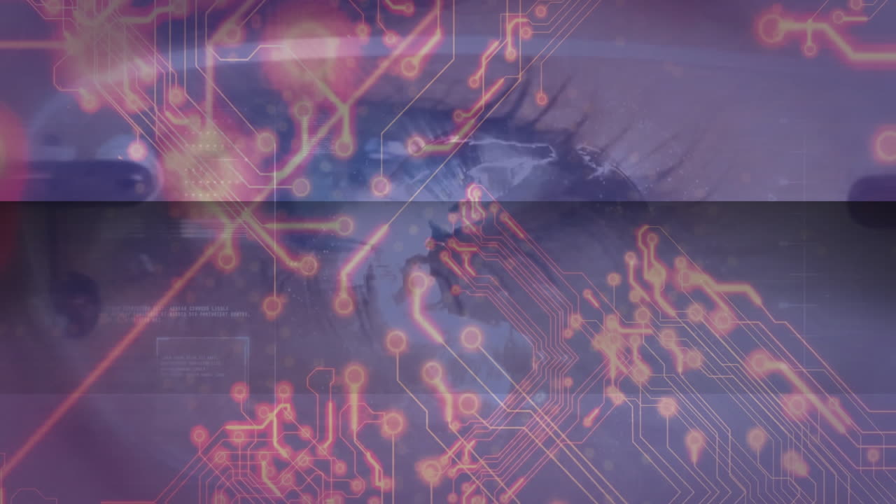Animation of digital circuit patterns overlaying human eye, symbolizing technology integration