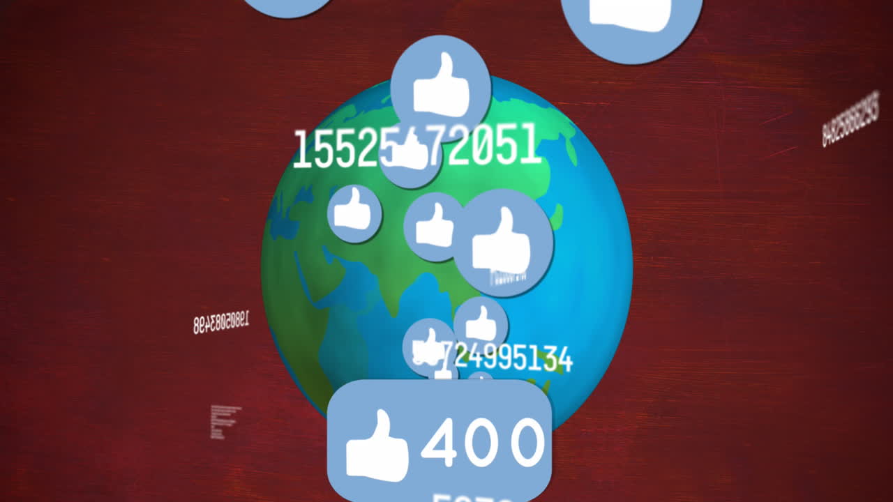 animación de números cambiantes y iconos de pulgares hacia arriba sobre el globo contra un fondo abstracto.