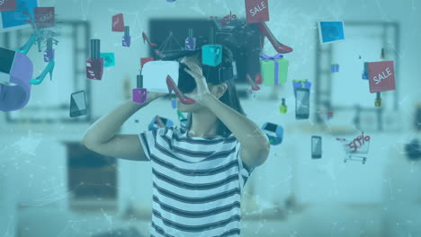 animación de una mujer caucásica que usa auriculares vr sobre iconos de productos flotantes