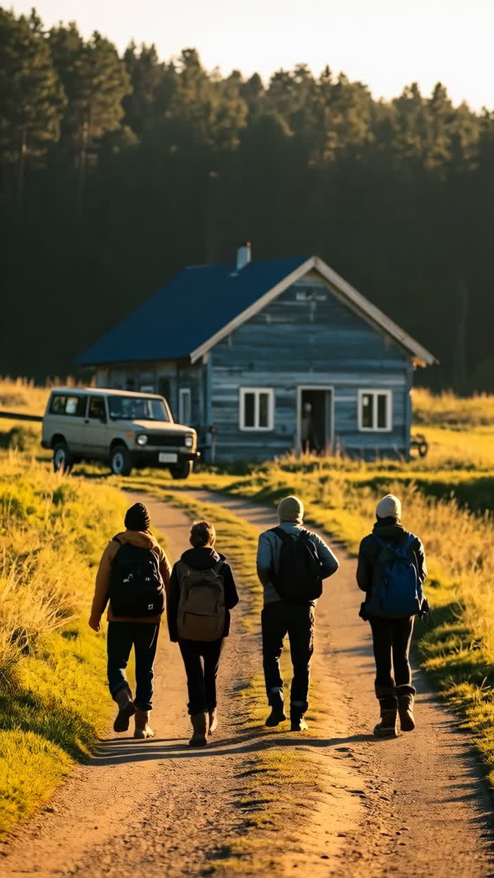 Fire personer går på en grusvej mod en hytte i et landligt landskab ved solnedgang