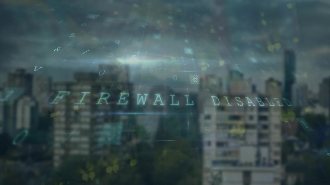 Cybersecurity Warning Overlay with Digital Data Scanning Over Cityscape