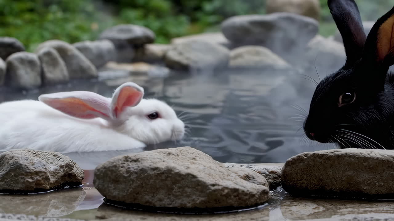 Rabbits Relaxing in a Hot Spring