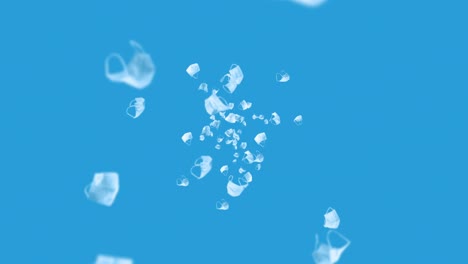 volando muchas máscaras blancas en fondo azul. concepto médico. máscaras de protección quirúrgicas. animación 3d de la máscara giratoria. animación de bucle.