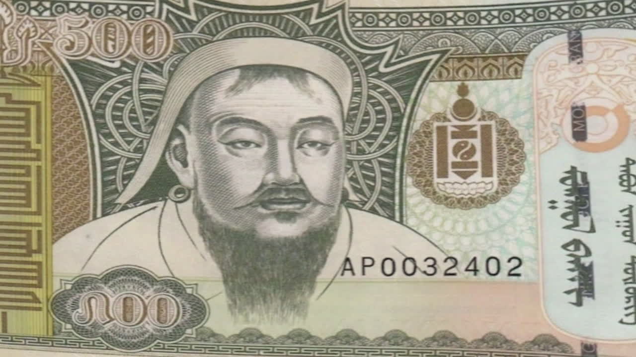 Mongolian 500 Tugrik Banknote featuring Genghis Khan on a green screen