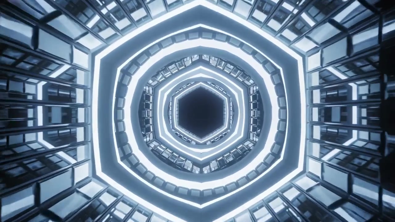 Starting forward camera revealing hexagonal lit frames and rings in future shaft, simulating travel