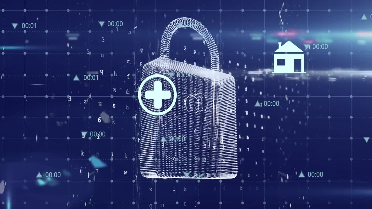 animación de iconos digitales sobre el icono del candado de seguridad y el punto de luz contra un fondo púrpura.