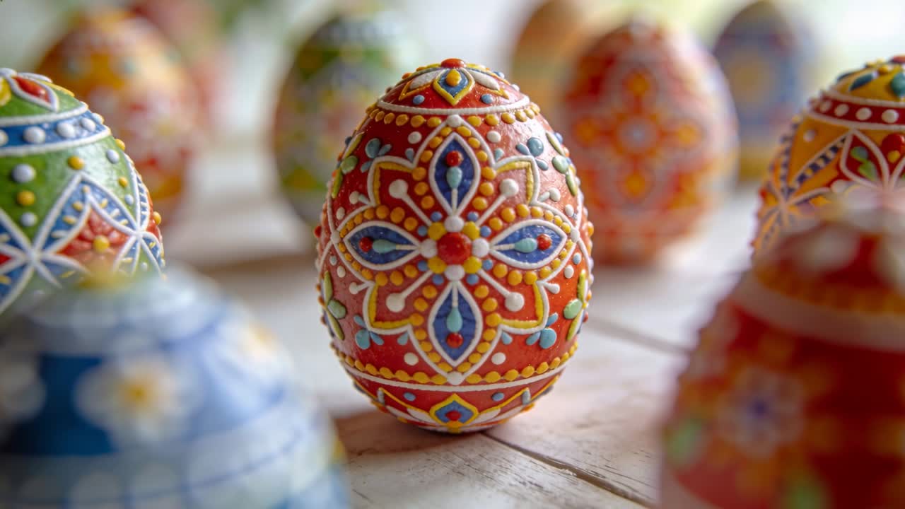 Pulling focus camera revealing centered decorated egg on plank near window, showing piped beads