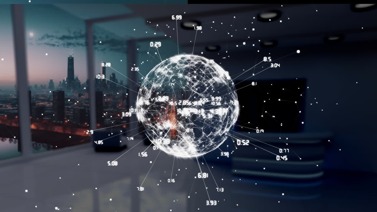 アニメーション・オブ・グローブ・ウィズ・コネクション データ・プロセッシング・オーバー・モダン・アパート・アンド・シティスケープ