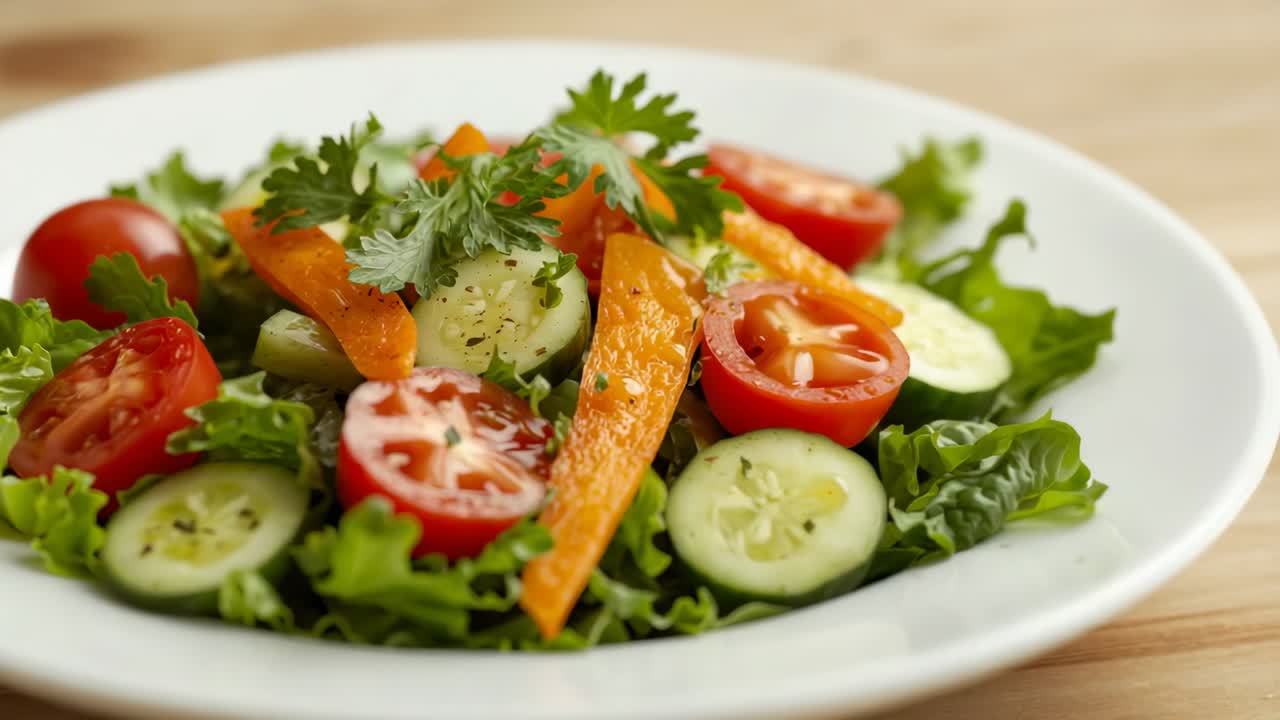 Rotating white plate spinning on wooden countertop, highlighting lettuce, tomatoes, cucumbers