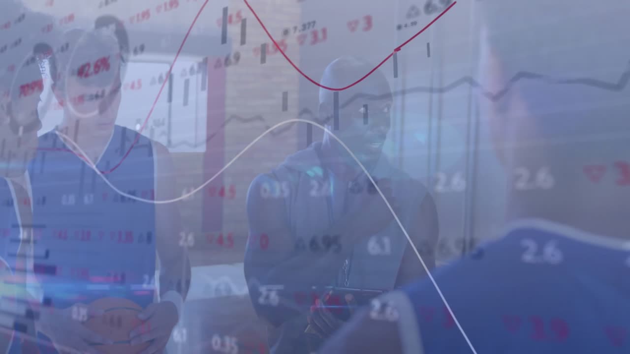 Coach gesturing causing animated finance charts while teammates listening adjusting stance