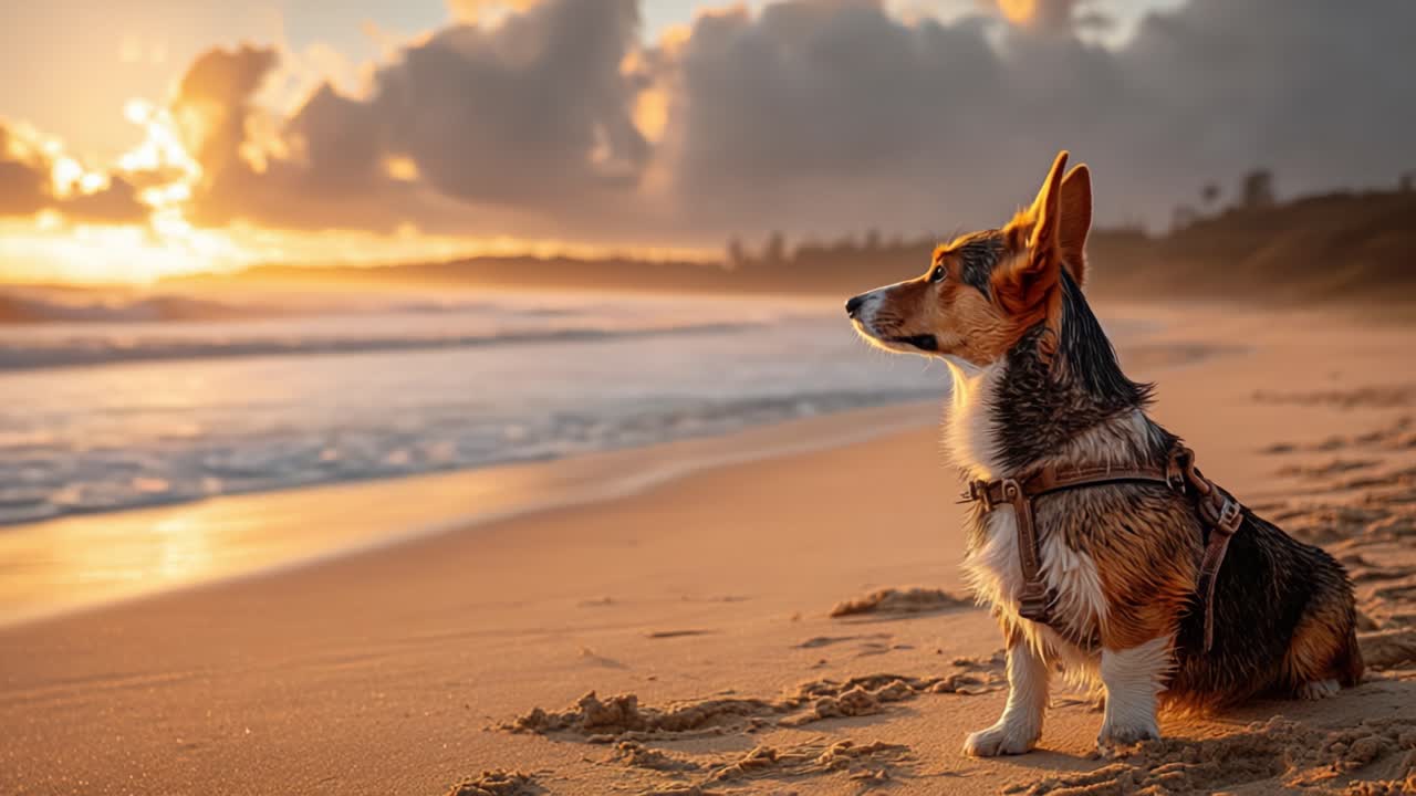 Un maestoso Corgi contempla il tramonto su una spiaggia serena, catturando la tranquillità della natura e il legame tra cane e natura selvaggia costiera