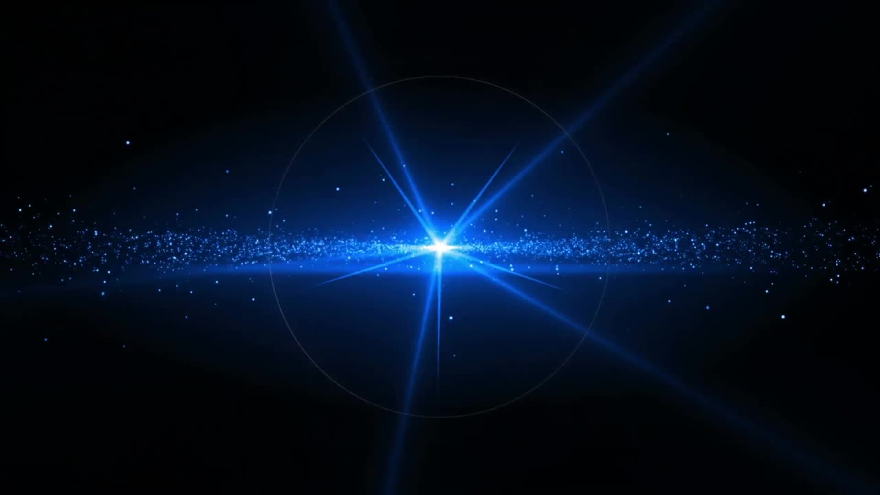 Animation of glowing light spots with neon circle moving over black background