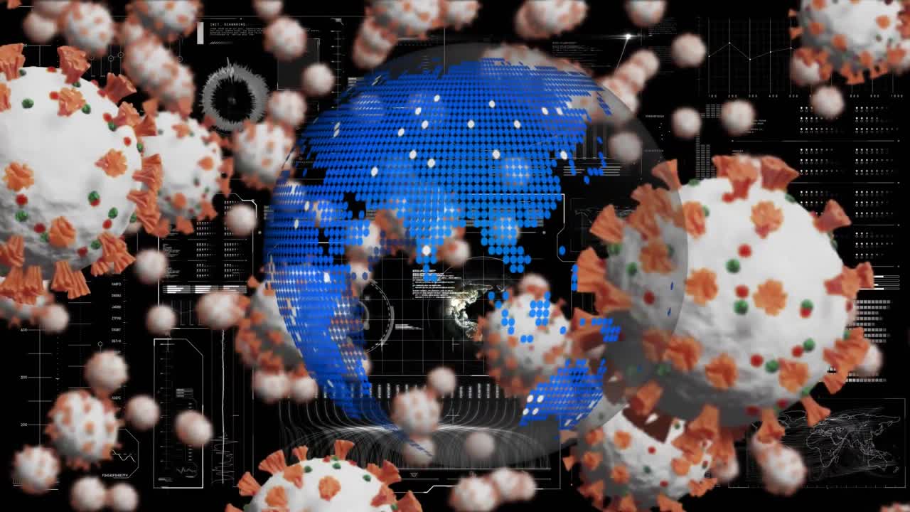 Animazione di un globo che ruota su cellule Covid ed elaborazione dati su un'interfaccia