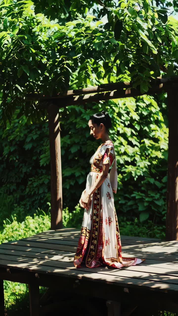 Woman in Traditional Dress in a Garden
