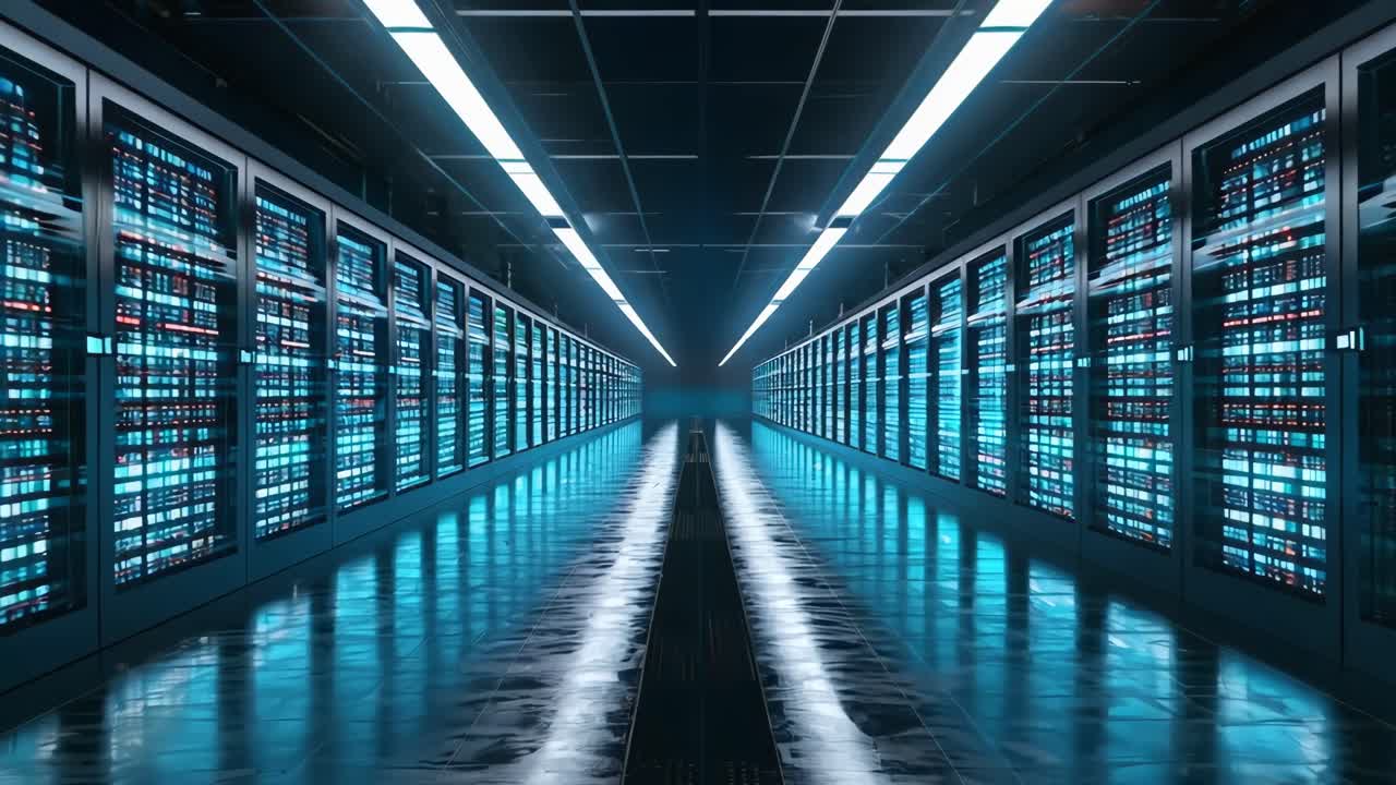 A long hallway with many computer servers. The servers are blue and white. The hallway is very long and empty