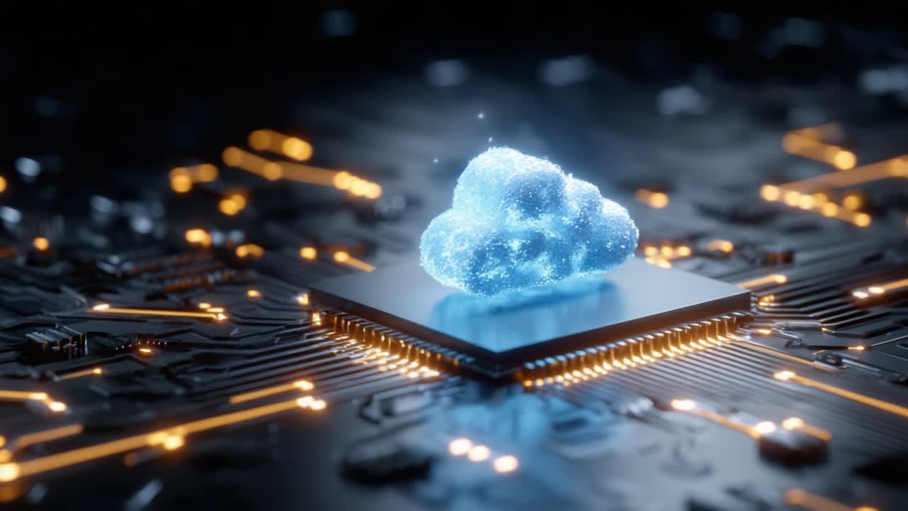 A Glowing Digital Cloud Positioned on a Microchip, Representing Cloud Computing and Technological Innovation in Modern Data Management Systems