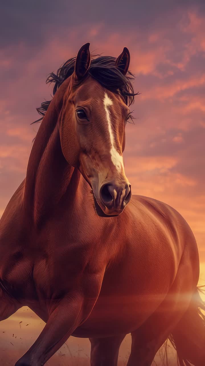 Video verticale: cavallo sauro che alza la zampa anteriore, si muove e si gira verso la telecamera al tramonto, lista bianca, balzana