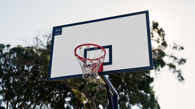 Un canestro da basket con alberi sullo sfondo