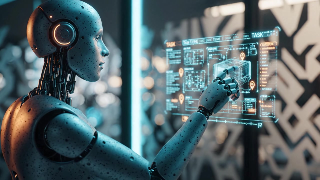 A humanoid robot interacts with a futuristic digital interface displaying complex data and task management systems, showcasing advanced technology and robotics innovation.