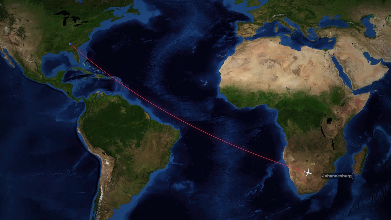 Animated Airplane Flight Path from Atlanta to Johannesburg on World Map