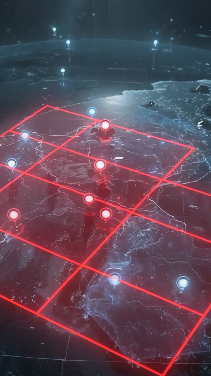 Vertical video: Map highlighting land in interface initiating red grid scanning rotating 3D Earth