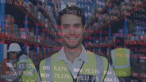 animation of financial data processing over man working in warehouse
