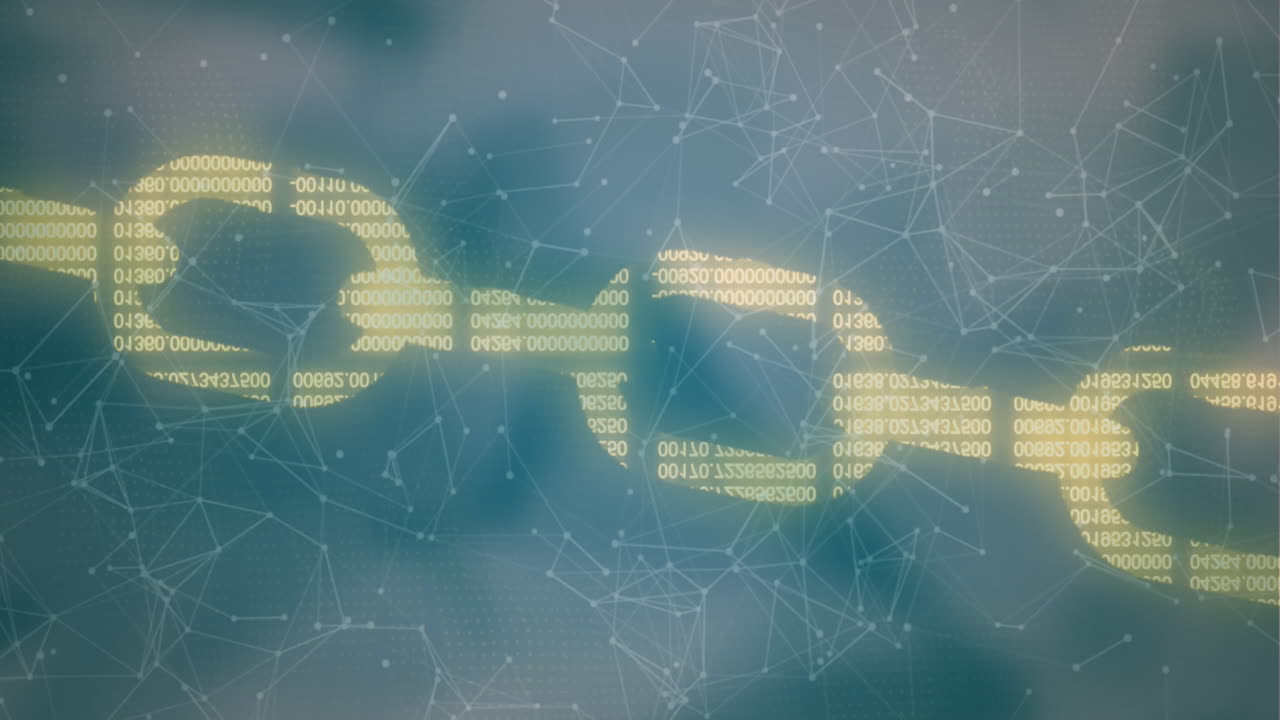 Animation of security chain icon and network of connections against grey gradient background