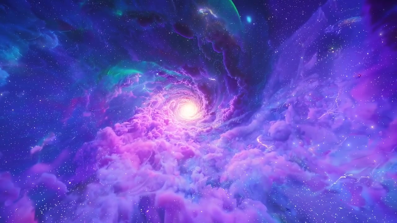 Flying Through a Vibrant Cosmic Wormhole with Swirling Nebula and Stars