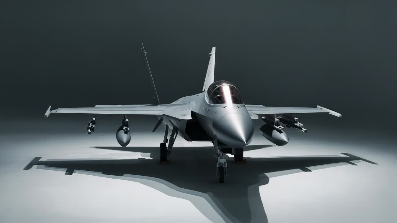 On startup camera rotating around jet in studio, showing missile racks, fuel tank and landing gear