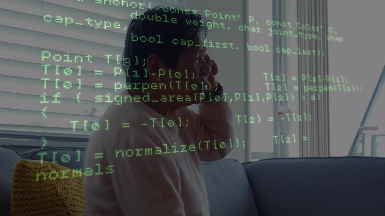 Senior woman holding phone, phone call causing tech code overlay covering subject, blinds for data