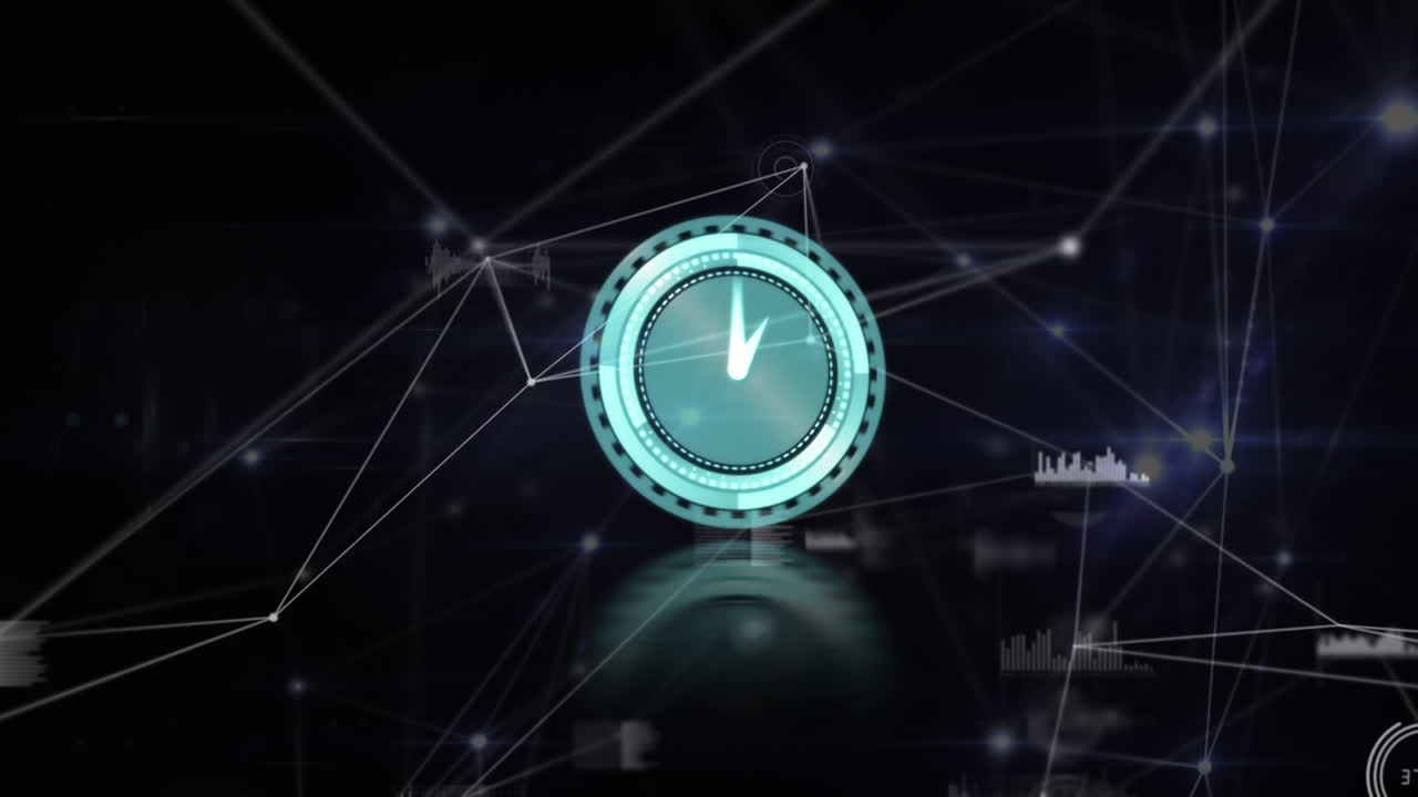 Digital animation of neon clock ticking over network of connections against black background