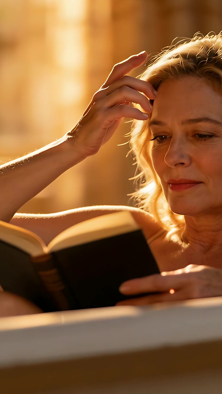 Vídeo vertical: Luz do sol iluminando mulher em casa, de regata, lendo livro de capa dura, ajeitando o cabelo, espaço para texto.