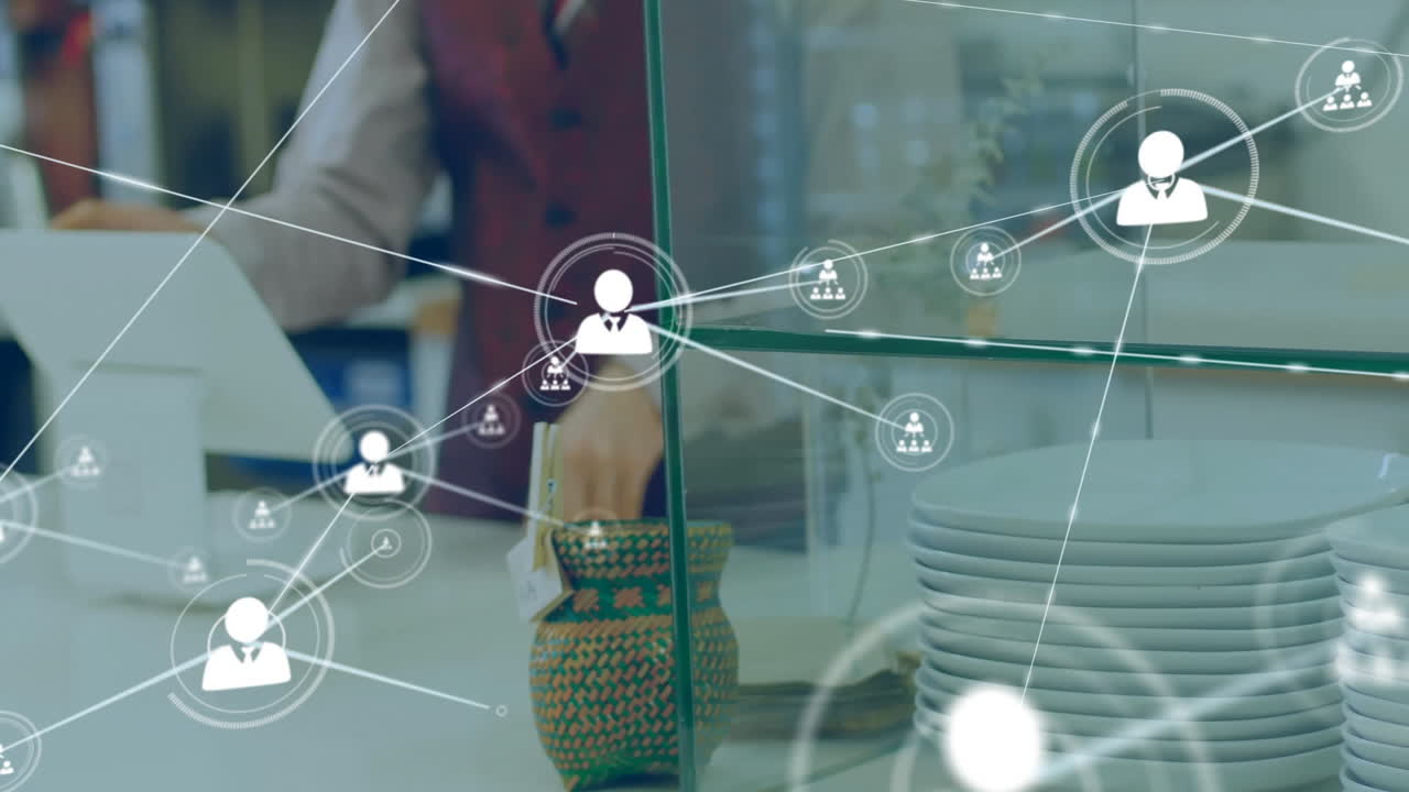 animación de la red de conexiones con las personas iconos más caucásica mujer asistente de tienda