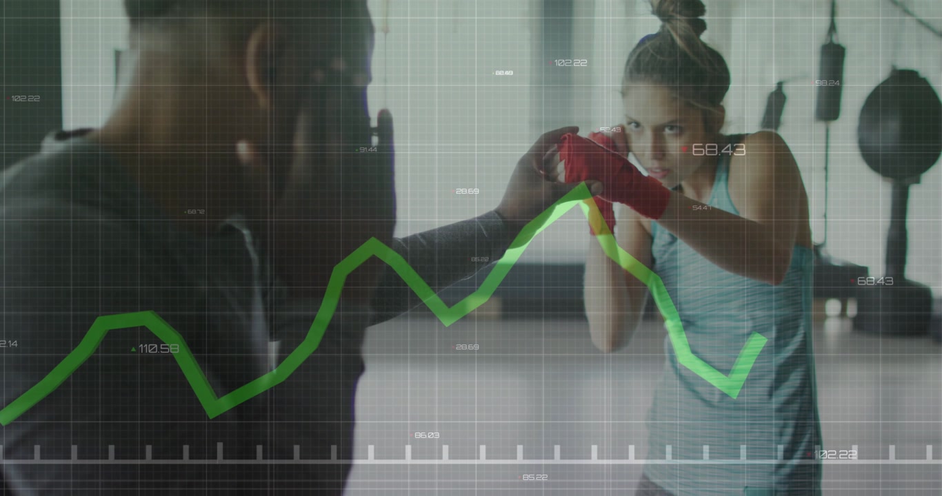 Coach holding mitts, woman boxer jabbing for training, guarding, HUD graph reacting to strikes