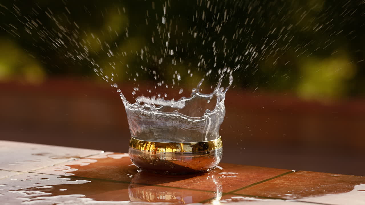 la goccia d'acqua cade velocemente in una piccola ciotola dorata sul pavimento facendo schizzare l'acqua e diffondersi sulla superficie della ciotola