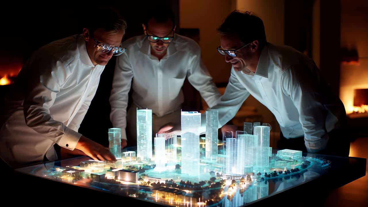 Three professionals engage in a high-tech urban planning session, analyzing a holographic city model that displays detailed futuristic architecture and design concepts for the metropolitan landscape