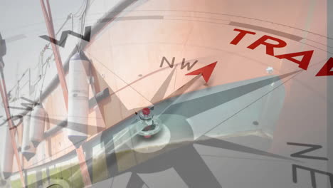 animation of compass with arrow pointing to travel text over part of ship