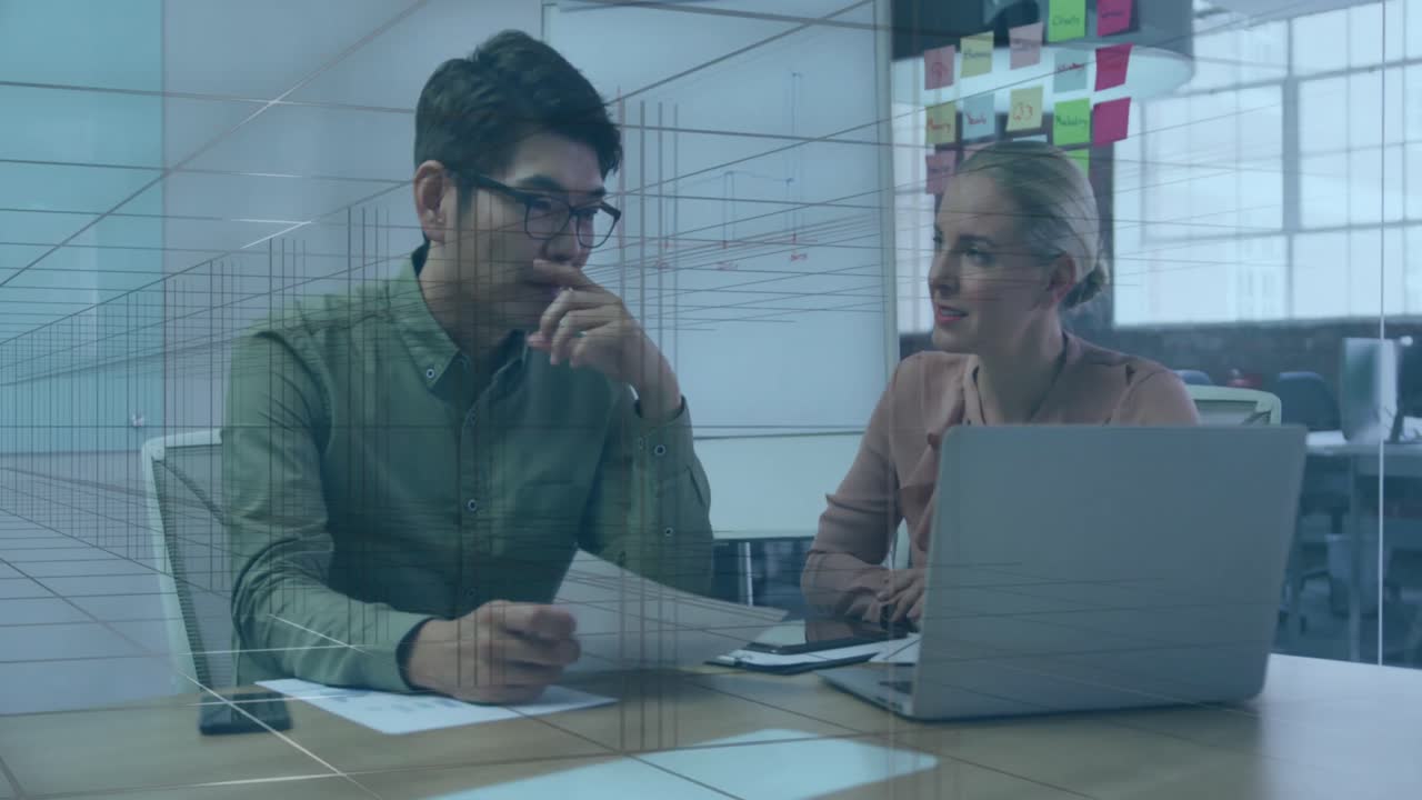 animación de formas que se mueven sobre diversas personas de negocios en la oficina.