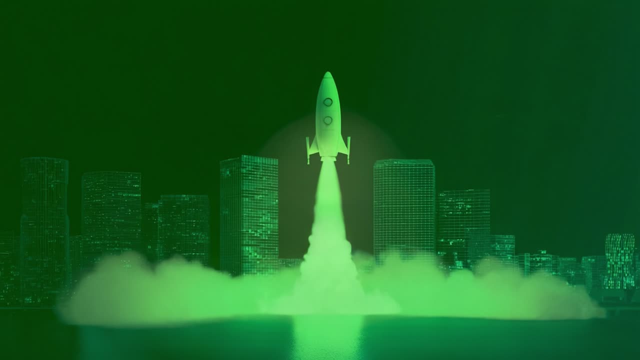 Creative animation of a cartoon rocket taking off from a futuristic city with bright green exhaust smoke, symbolizing business growth, startup launch, technological innovation and future success