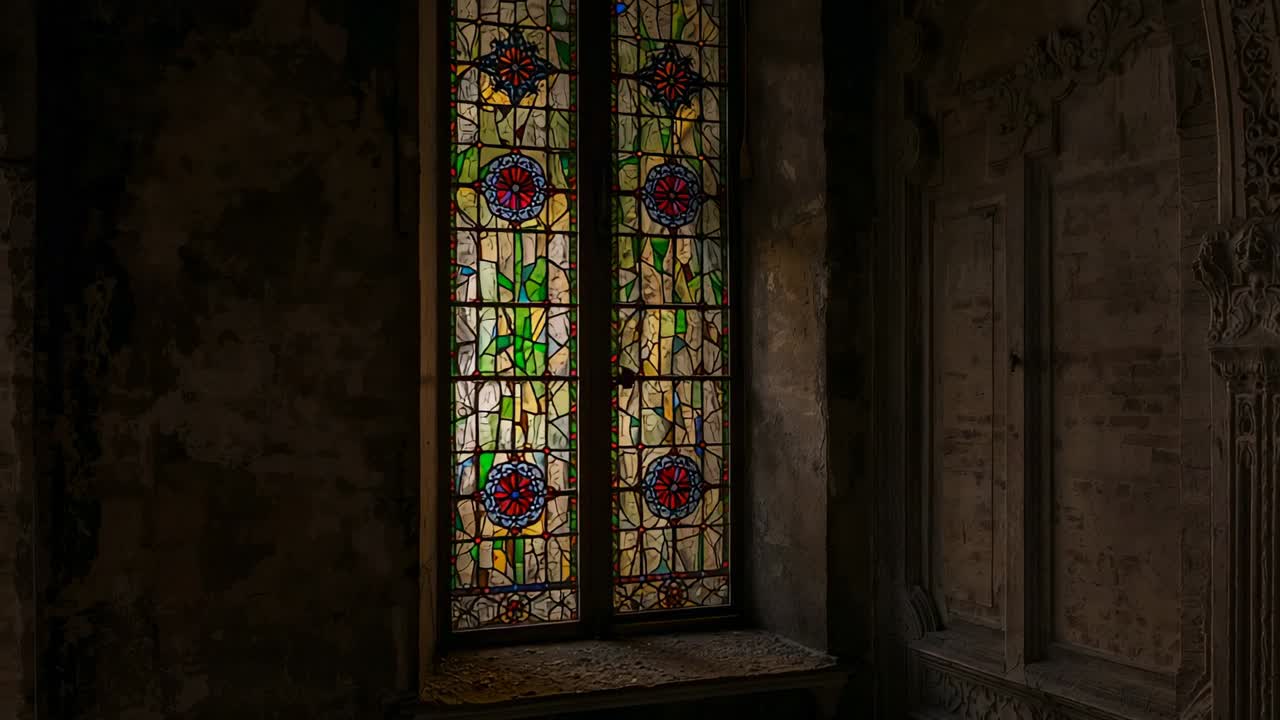 Filtering light through stained glass window shifting patterns in ruined chapel, with carved panels