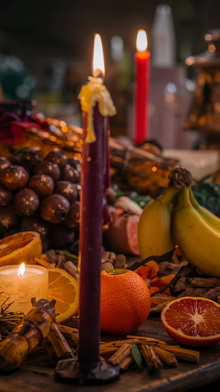 Video verticale: cambio di messa a fuoco che mostra una candela viola tremolante con cera che cola su un tavolo con frutta