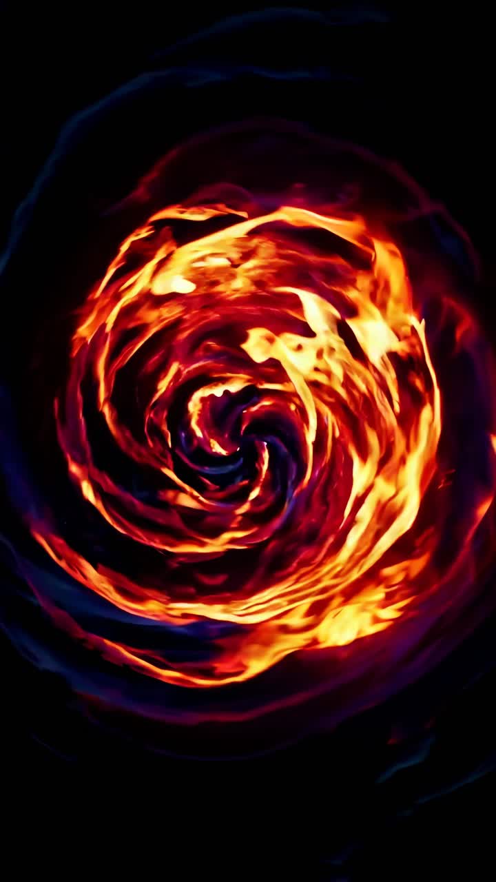 Aerial view of swirling flames forming a fiery vortex against a dark background