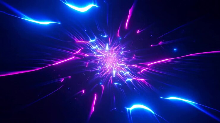 Un centro luminoso invia fitti filamenti magenta neon e blu elettrico verso l'esterno in nastri allungati, raggi affusolati, scie di scintille e una foschia luminosa su uno sfondo blu navy profondo con un contrasto vivido